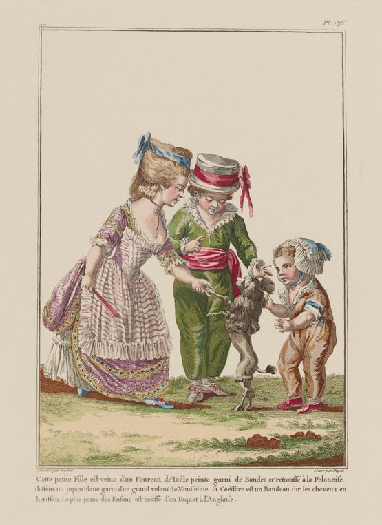 『ギャルリー・デ・モード・エ・コスチューム・フランセ』 ピエール=トマ・ルクレール原画、デュパン版刻 Plate 146 ポーランド風後ろ開きのドレスを着た少女とスケルトン・スーツの少年たち 1781年 エッチング、手彩色、紙 個人蔵(石山彰氏旧蔵)